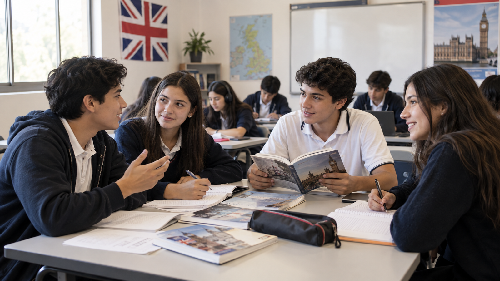 Estudiantes practicando lectura y conversacion en Pre-intermedio